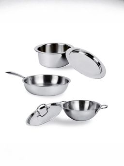 USHA SHRIRAM - Set of 3 - Triply Tope With SS Lid-1.5L & Kadai With SS Lid-1.6L & Frypan-1.2L