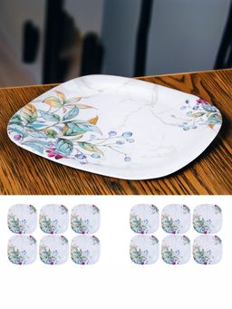 USHA SHRIRAM - Pack of 2 Melamine 6 Plate Set of Each- Square Green Marble Flower Square
