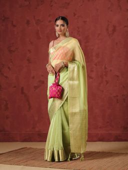 Triyah - Mehndi Organza Saree with Border without Blouse