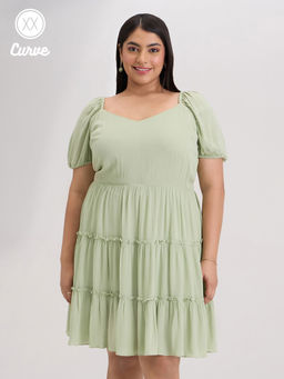 Twenty Dresses by Nykaa Fashion - Curve Mint Green Tiered V Neck Short Dress