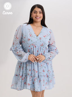 Twenty Dresses by Nykaa Fashion - Curve Blue V Neck Floral Short Dress