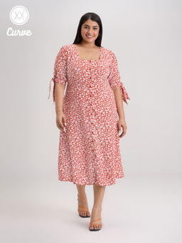 Twenty Dresses by Nykaa Fashion - Curve Orange Square Neck A Line Midi Dress