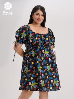 Twenty Dresses by Nykaa Fashion - Curve Black Square Neck Puff Sleeves Short Dress