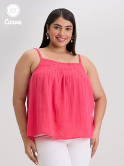 Twenty Dresses by Nykaa Fashion - Curve Pink Solid Square Neck Strappy Top