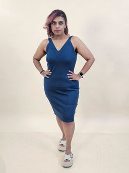 Mamicha - Moonlit V-Neck Bodycon Blue Dress