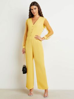 Styli - Yellow V Neck Sheer Sleeves Straight Leg Jumpsuit