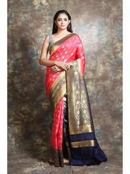 Arhi - Pink & Navy Blue Half Blended Silk Handwoven Saree With Copper Leaf Design with Unstitched