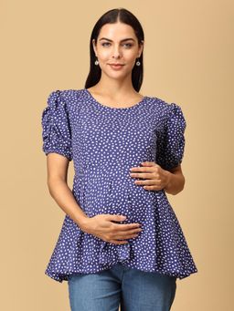The Mom Store - Blue Printed Puff Sleeve Maternity Nursing Top
