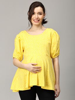 The Mom Store - Yellow Printed Puff Sleeve Maternity Nursing Top