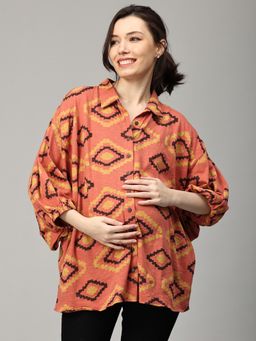 The Mom Store - Orange Terra Cotta Ikat Maternity Nursing Top
