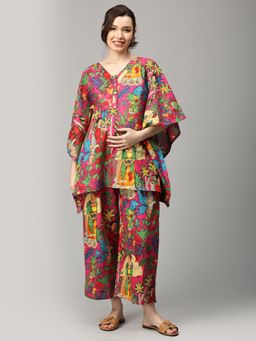 The Mom Store - Multi-Color Mexican Printed Muse Maternity Nursing Kaftan with Pant (Set of 2)