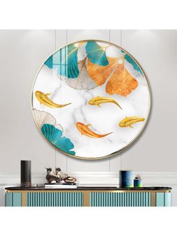 The Next Decor - Golden Leaf with Koi Fish Wood Glass Finish Round Wall Art