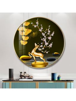 The Next Decor - Golden Deer with Green Background Wood Glass Finish Round Wall Art