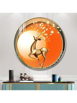 The Next Decor - Golden Deer with Orange Background Wood Glass Finish Round Wall Art