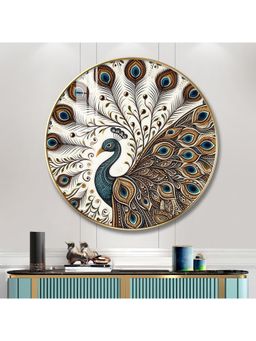 The Next Decor - Peacock with White Background Wood Glass Finish Round Wall Art
