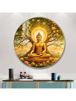 The Next Decor - Buddha Meditating In Dayspring Wood Glass Finish Round Wall Art