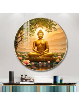 The Next Decor - Blissful Buddha with Lotus Petal Wood Glass Finish Round Wall Art