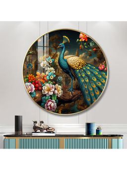 The Next Decor - Colourful Peacock Wood Glass Finish Round Wall Art