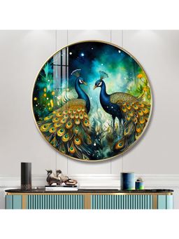 The Next Decor - Majestic Vibrant Peacock Wood Glass Finish Round Wall Art