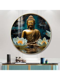 The Next Decor - Buddha with White Lotus Wood Glass Finish Round Wall Art