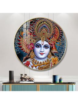 The Next Decor - Shri Krishna with Bansuri Wood Glass Finish Round Wall Art