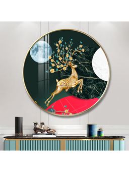 The Next Decor - Golden Deer Wood Glass Finish Round Wall Art