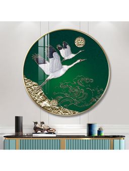 The Next Decor - Flying Crane Wood Glass Finish Round Wall Art