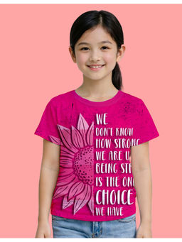 Nusyl - Girl Pink Flower and White Text Printed Half Sleeves T-Shirt