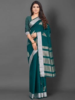 Akhilam - Women Linen Teal Woven Design Celebrity Saree with Unstitched Blouse