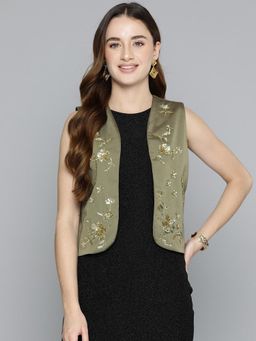 Scoup - Olive Women Embellished Open Front Sleeveless Jacket