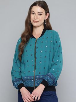 Scoup - Green Printed Sequined Bomber Jacket