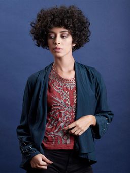 Scoup - Blue Embellished Long Sleeve Coverup Jacket