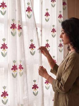 Urban Space - Avira Pink Embroidered Cotton Sheer Curtain