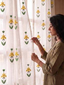 Urban Space - Avira Yellow Embroidered Cotton Sheer Curtain