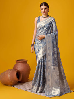 Sangam Prints - Bunawat Grey Cotton Woven Traditional Saree with Unstitched Blouse