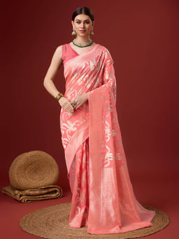 Sangam Prints - Bunawat Pink Cotton Woven Traditional Saree with Unstitched Blouse