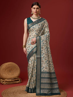 Sangam Prints - Bunawat Cream Cotton Digital Print Traditional Saree with Unstitched Blouse