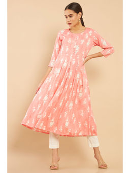 Soch - Peach Rayon Screen Printing Flared Fit Kurta