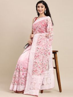 Vastranand - White & Pink Floral Organza Saree with Unstitched Blouse