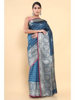 Soch - Women Blue Silk Woven Saree with Unstitched Blouse