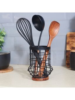 HomeTown - Lattice Metal And Wood Spatula & Cutlery Holder In Black Colour