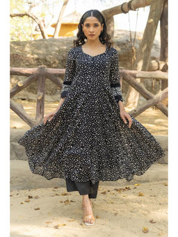 TERHA TAALI - Black Cotton Printed Anarkali Kurta with Palazzo