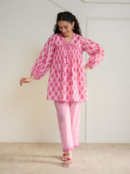 Rustorange - Blossom Sanganeri Inspired Pink Coup Neckline Co-Ord