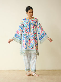 Rustorange - Petals Daydream Fine Slub Cotton Blue Kurta with Pant
