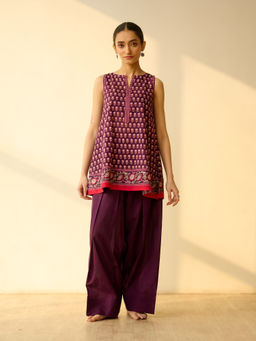 Rustorange - Phool Varsha Mulmul Cotton Burgundy Kurta with Palazzo