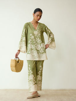 Rustorange - Bellflower Slub Cotton Olive Kurta with Pant
