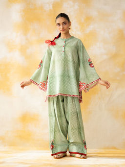 Rustorange - Chameli Mulmul Cotton Green Kurta with Palazzo