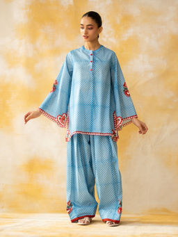 Rustorange - Chameli Mulmul Cotton Blue Kurta with Palazzo