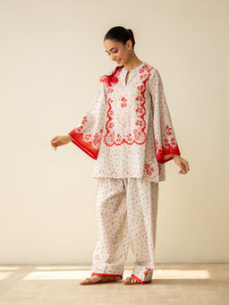 Rustorange - Senorita Hand Embroidered Mulmul Cotton Red Kurta with Palazzo
