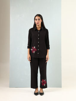 Baaori - Womens Black Pure Cotton Solid and Embroidered Regular Shirt Pant Co-Ord